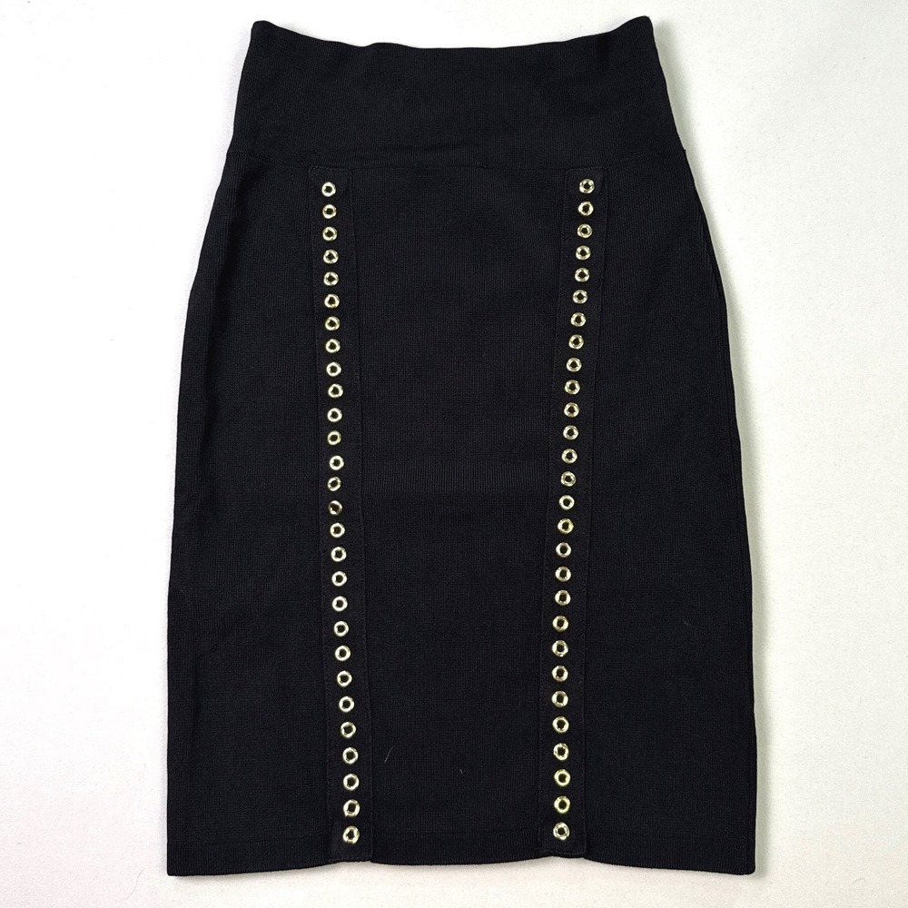 Rock & Republic Black Grommet Bandage Pencil Skirt Gold Eyelet XS High Waist